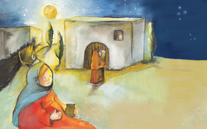 Das Bild zeigt Josef in der Nacht vor ein Haus, im Vordergrund Maria, deutlich schwanger und einen Esel.