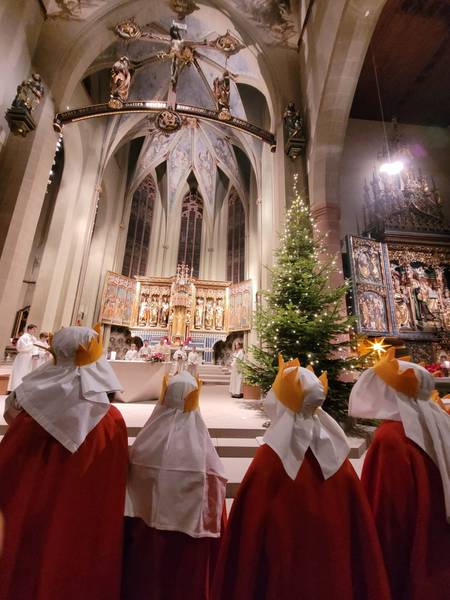 Das Bild zeigt Sternsinger vor bzw. im Münster St. Jakobus in Neustadt.