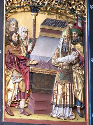 Das Bild zeigt die Darstellung Jesu im Tempel, einen Ausschnitt des Flügelaltars in Neustadt.