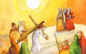 Das Bild zeigt Jesus, wie er das Kreuz trägt. Menschen stehen am Wegesrand.
