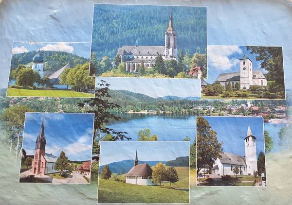 Das Bild zeigt 6 Kirchen um den Titisee angeordnet. Die Kirchen von Hinterzarten, Neustadt, Breitnau, Waldau, Langenordnach und Titisee.