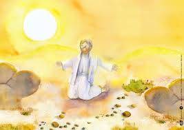 Diese Bild zeigt Jesus, wie er in der Wüste kniet und betetet
